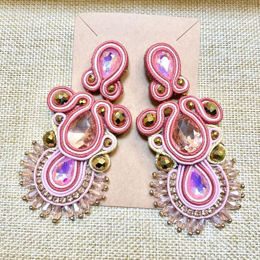 4.5” Elegant Colombian Soutache Handmade Pink and Gold Statement Earrings